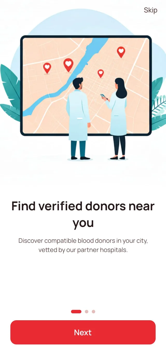 Donor app screen: find verified donors near you, showing a map with nearby donor pins