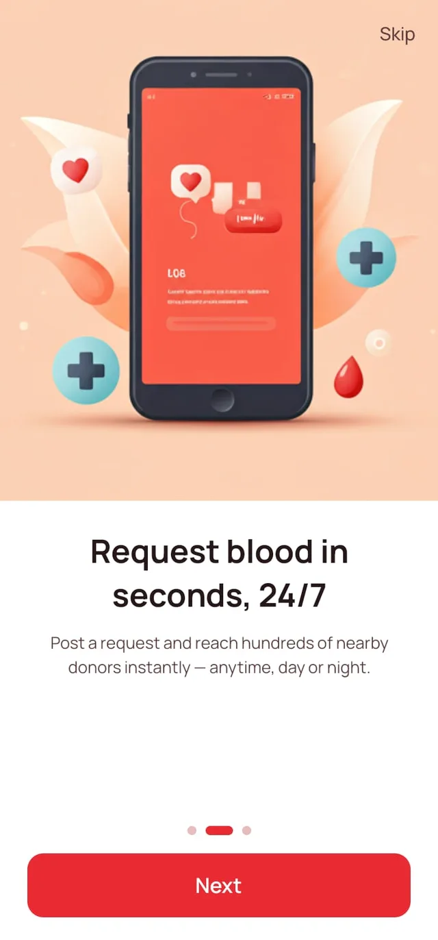Donor app screen: request blood in seconds, any time of day