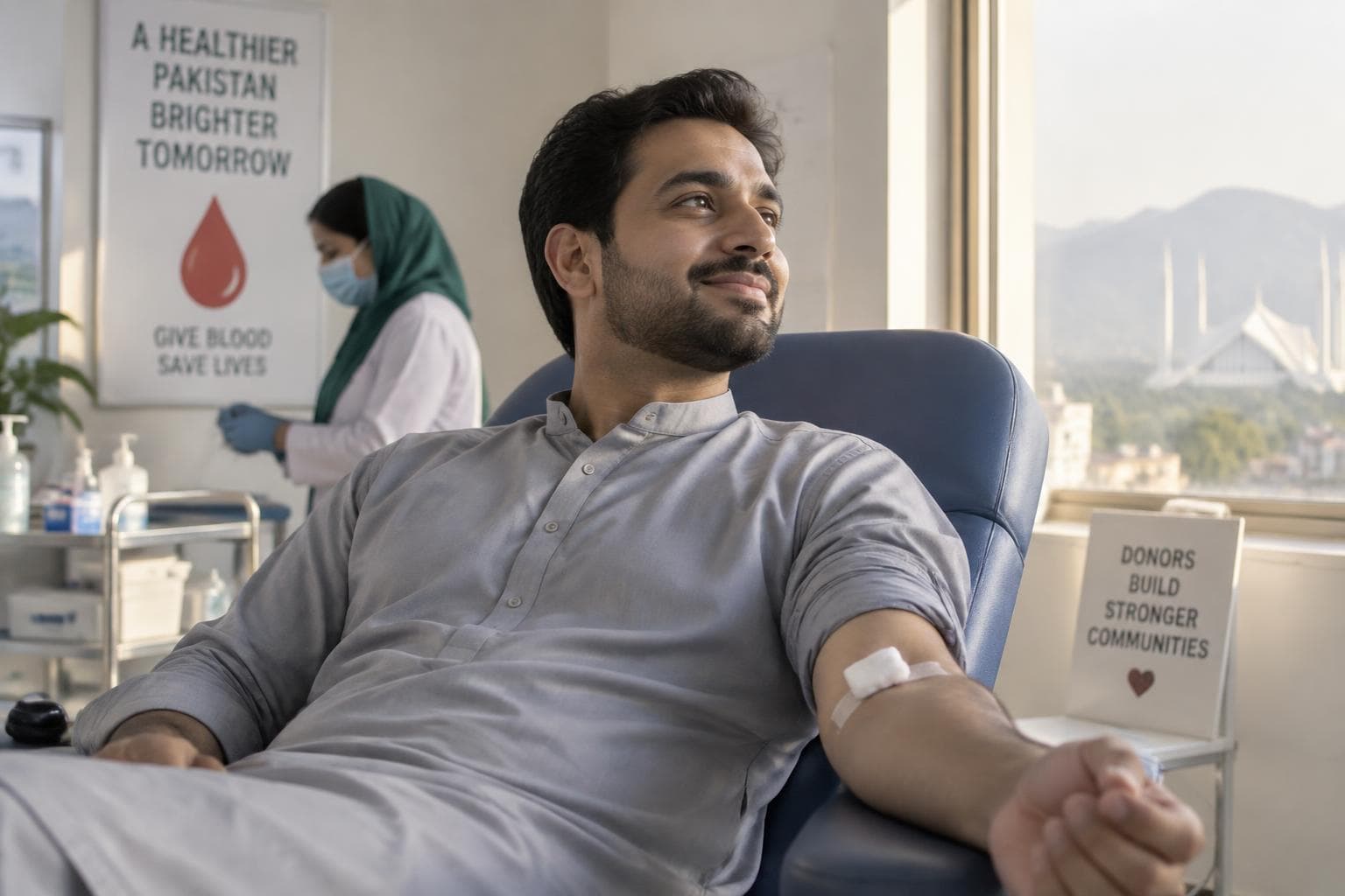 A donor resting in a donation chair after giving blood, with a nurse working in the background.