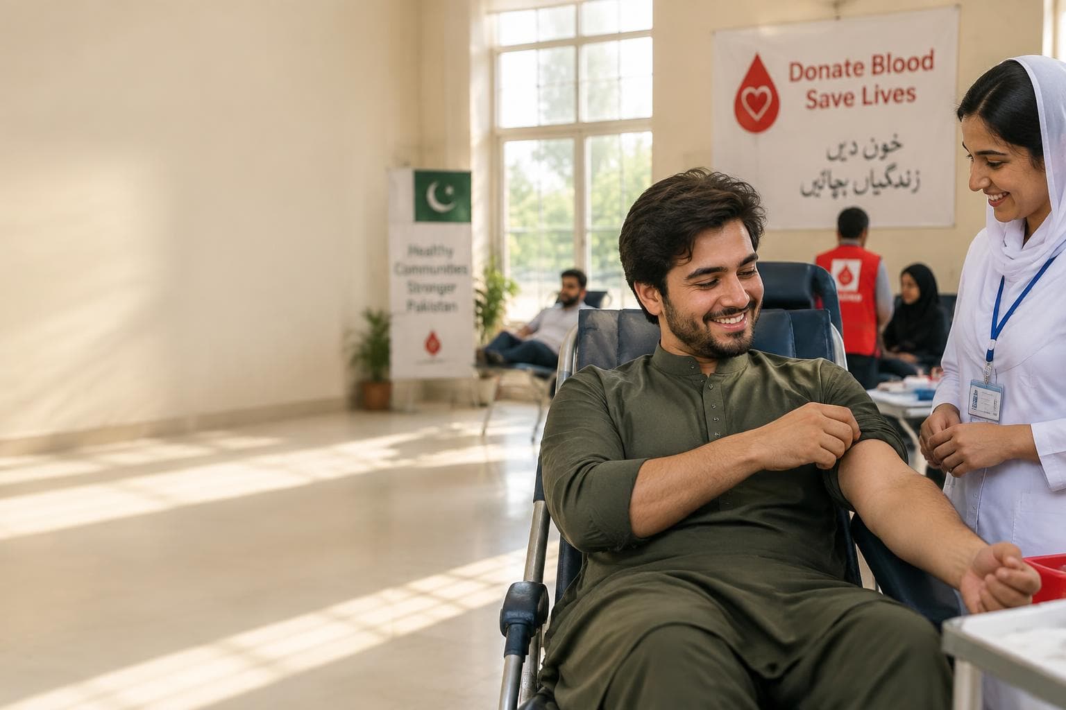 A blood donor seated in a donation chair at a community blood drive in Pakistan, smiling as a nurse prepares his arm.