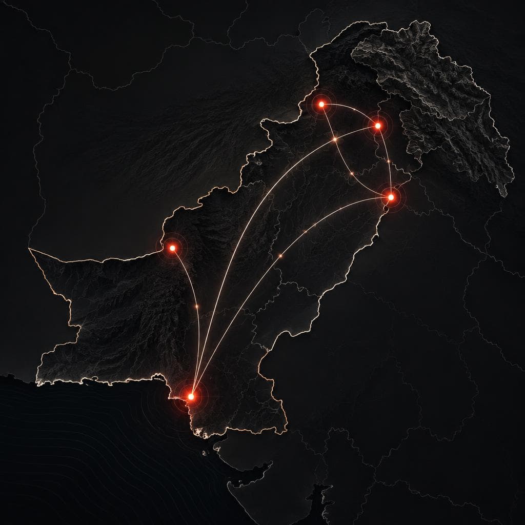 Stylised illustration of Pakistan with points of light in several cities, connected by arcs.