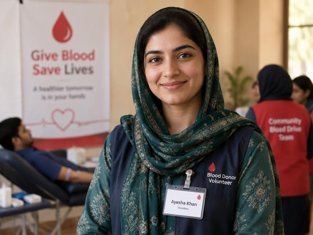 A volunteer in a green shawl wearing a blood-donor volunteer badge at a community blood drive.