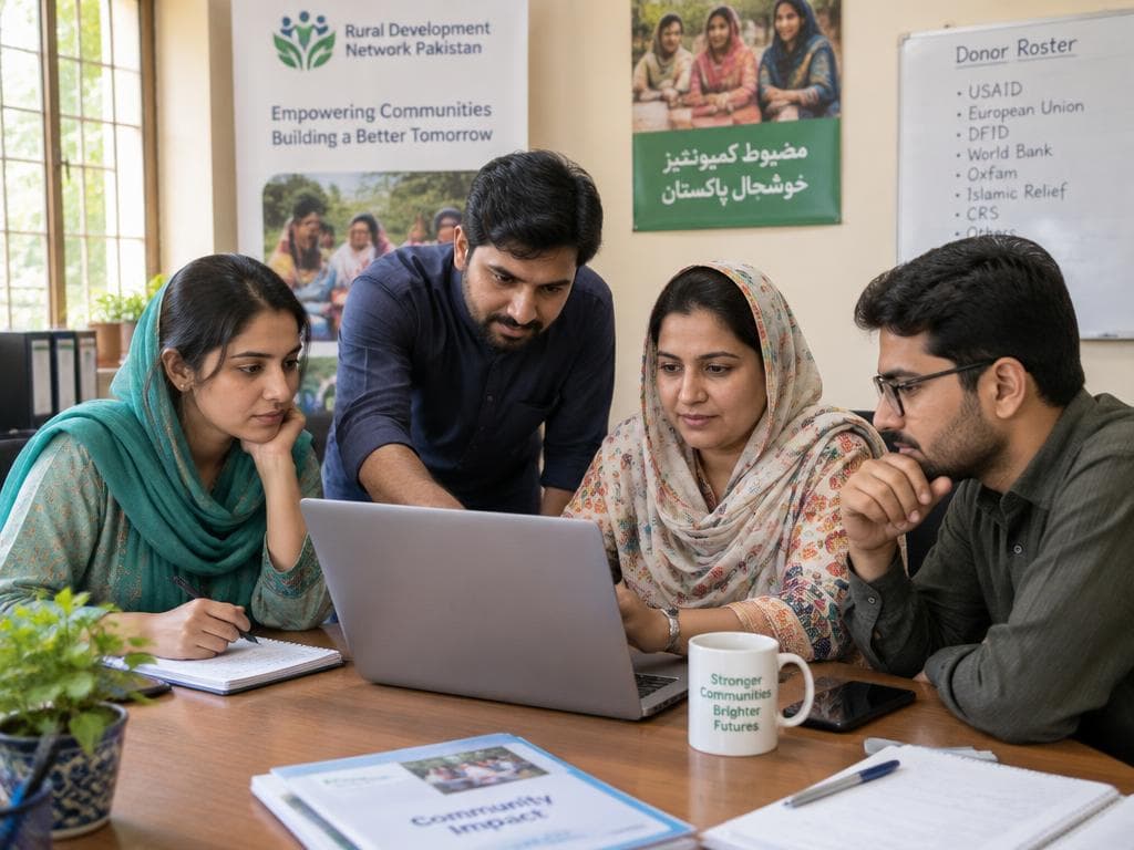 Four colleagues at an NGO office reviewing a donor roster together on a laptop.