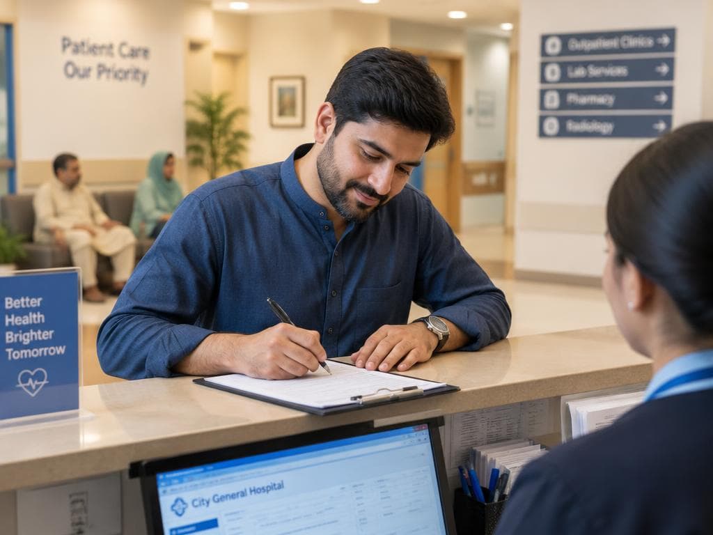 A man filling in a form at a hospital reception desk while a staff member assists him.
